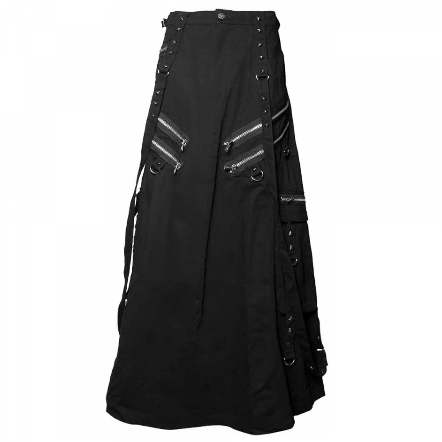Men’s Long Black Gothic Steampunk Kilt with Cargo Pockets, Zippers, and Straps